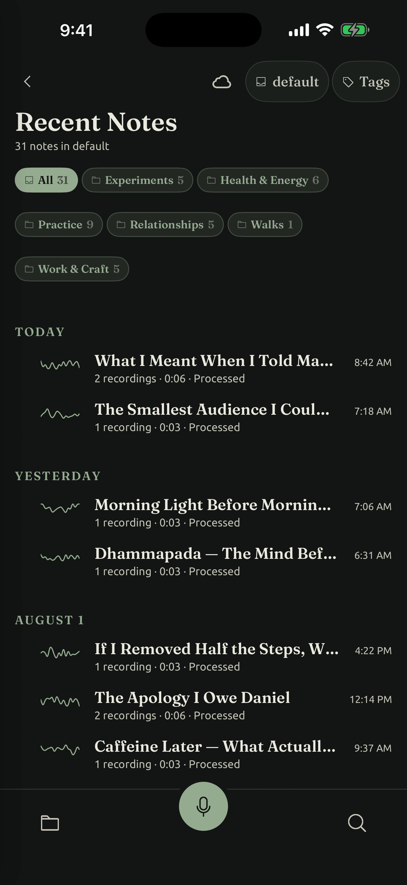 Recent notes organized into folders in Sanctum
